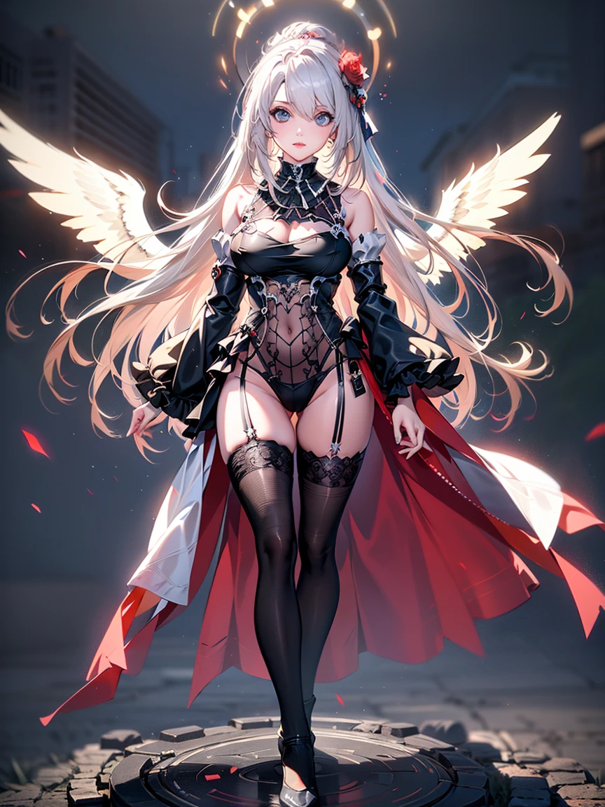 length hair，tits，lookingat_viewer，Blushlush，bangss，black color hair，the hair，redheadwear，Long sleeves，cleavage dress，cleavage，Exposed shoulder，medium boob，blossoms，Gray hair，Lips，Separate the sleeves，wings，Flowering，red - eyed，black leagwear，No shoulder strap，Separate collar，no shoulder straps dress，cinamtic lighting，Strong contrast，High level tail，optimal quality，masterpaintings，White background