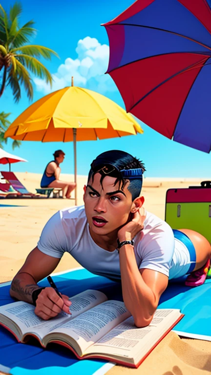 Young cute and handsome beautiful face skinny white beautiful skin color soft white shirtless with fluorescent green boxers short black hair on a catwalk of men beach ball in his hand the public applauds him and celebrates with bubble white man tall thin sincerity
