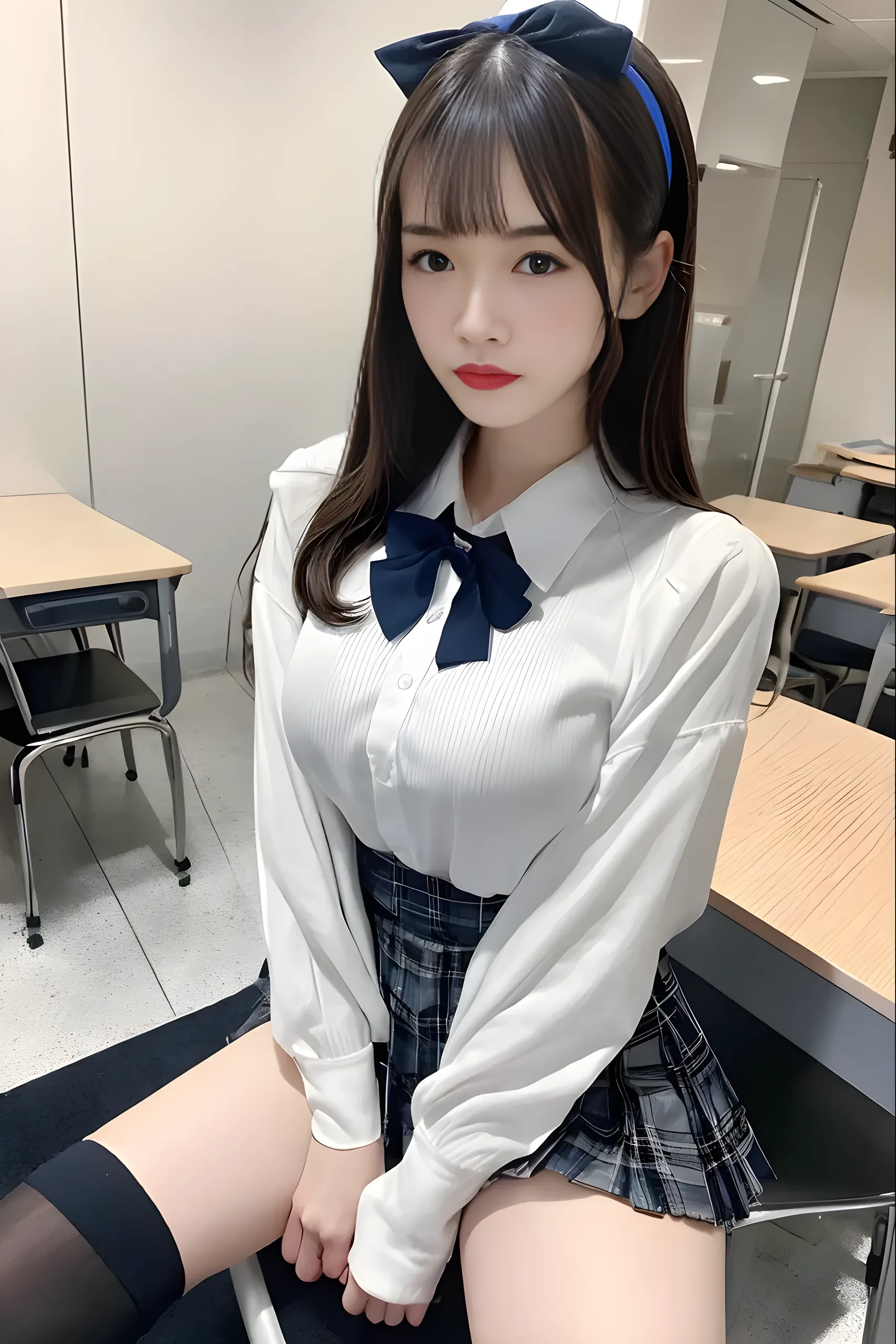 (Best quality,masterpiece,ultra detailed,8K,RAW photo,realistic,high resolution:1.2),(Pretty Japanese girl),(Super huge tits:1.4),(light brown hair),(school uniform,white shirt,pleated skirt:1.4),(voluptuous:1.4),(shoulder length),(light smile),(chubby:1.4)