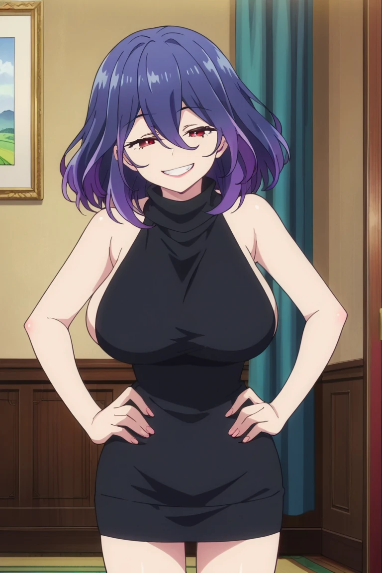 ((best quality)),((highly detailed)),masterpiece,absurdres, detailed face,beautiful face,(detailed eyes, deep eyes),(1girl),((dynamic pose)), Azusa, solo, purple hair, shorts, purple eyes, smile, short hair, shoulder cutout, breasts, looking at viewer, short shorts, bare shoulders, medium breasts, cowboy shot, large breasts, hair intakes, blue shorts, denim, mole under eye, door, collarbone, denim shorts, striped, indoors, casual, standing, no shirt, off the shoulder, microbikini, breastsout
