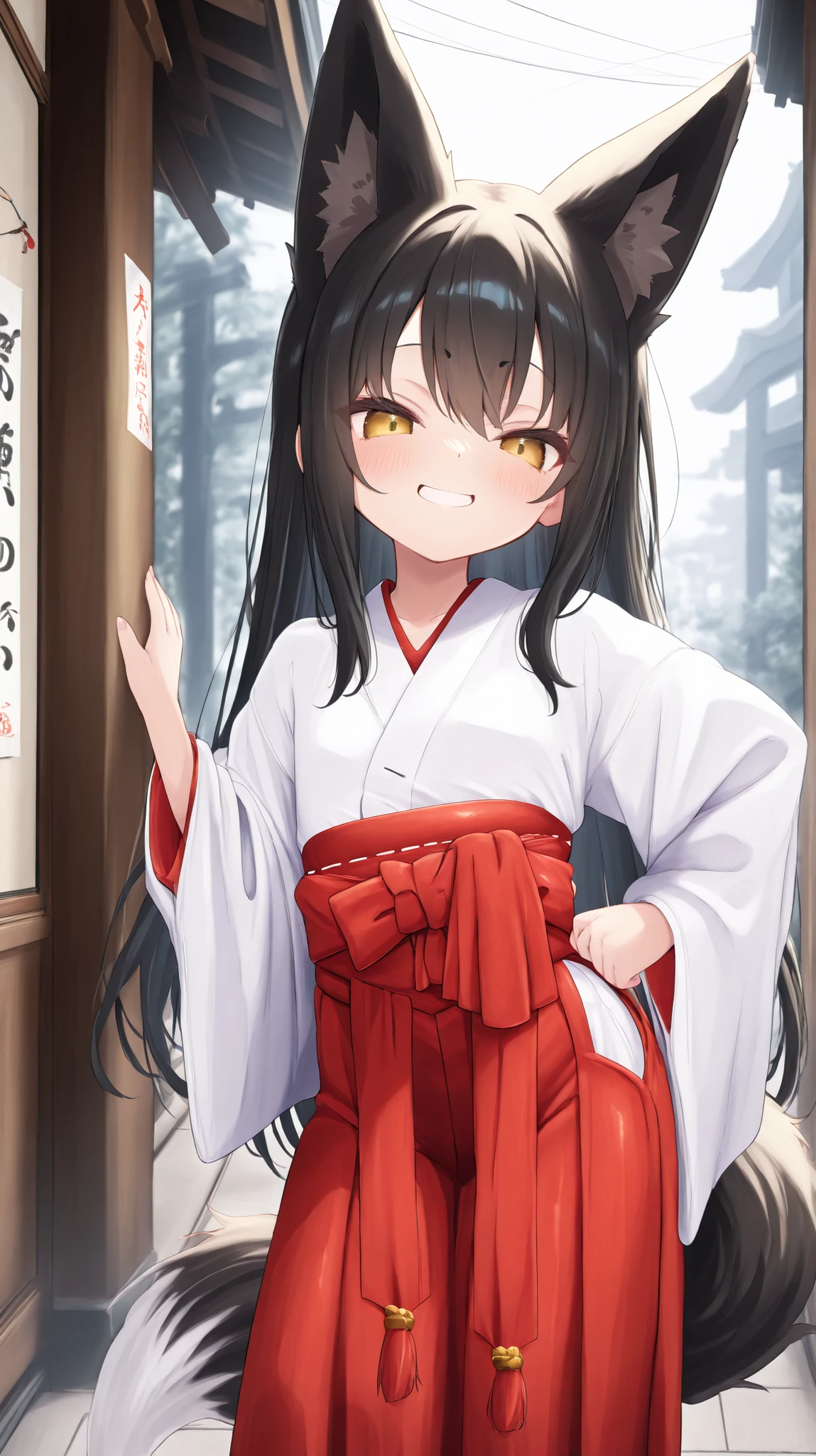 miko,Little girl with fox ears、(dark haired、female brat) 、((cute、provocative smile))、Shibuya Scenery、Anime Style、High Definition、High Quality、1girl