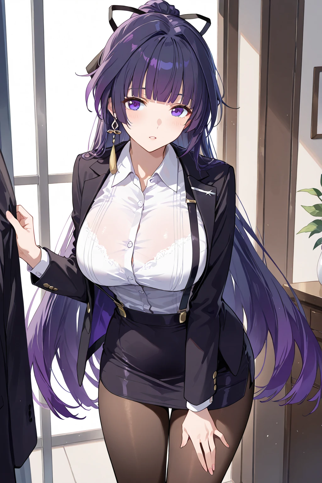 1 girl, alone, long hair, Large Breasts, cleavage, Brown eyes, OK, purple hair, Black skirt, ,Short skirt,  , Mature female, widow, (masterpiece: 1.0), (最OK_quality: 1.0), silence，rain，cloudy day，tombstone