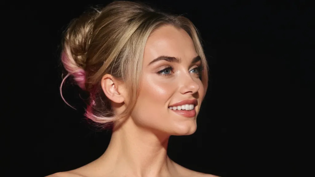 (RAW photo) night scene, close-up photo of a sexy girl, posing, looking at the viewer, smiling, pink hair in a ponytail, handsome young face, 18 yo, soft volumetric lights, soft key and fill lighting, (backlit: 1.3), (cinematic: 1.3), intricate details, (ArtStation: 1.2), skin spots, (freckles: 0.9), detailed eyes, micro details, FUJI XT3, photorealistic, photorealism