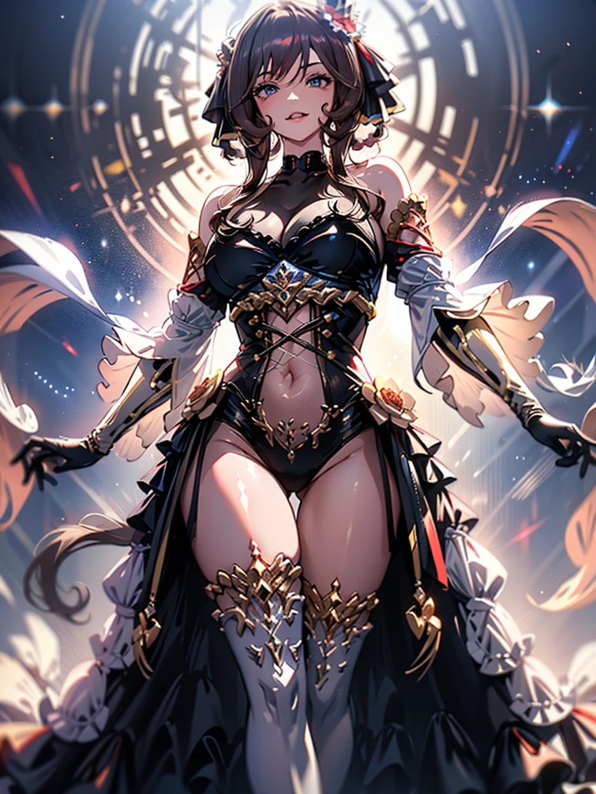 (best quality,4k,8k,highres,masterpiece:1.2),ultra-detailed,(realistic,photorealistic,photo-realistic:1.37), A stunningly realistic anime illustration of a woman with a perfect hourglass figure, showcasing her wide hips and thick thighs, as well as a shapely, well-endowed chest. She has exotic eyes and dons glowing crystal armor, including a dazzling helmet and chestplate. In her hand, she holds a powerful staff, exuding a dangerous yet alluring aura. The backdrop is a bustling magical city filled with brilliant colors and ornate architecture. The overall composition captures the essence of hyperfemininity and anime realism, creating a captivating and enchanting portrait., portrait photography, anime, illustration