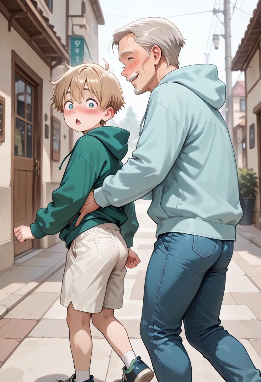 Large overweight man slapping a short busty girl on the butt, canine, feline, male, female, shirt, panties, shorts, shocked, open mouth, alleyway, plants, golden hour, by buta99, by bebebebebe