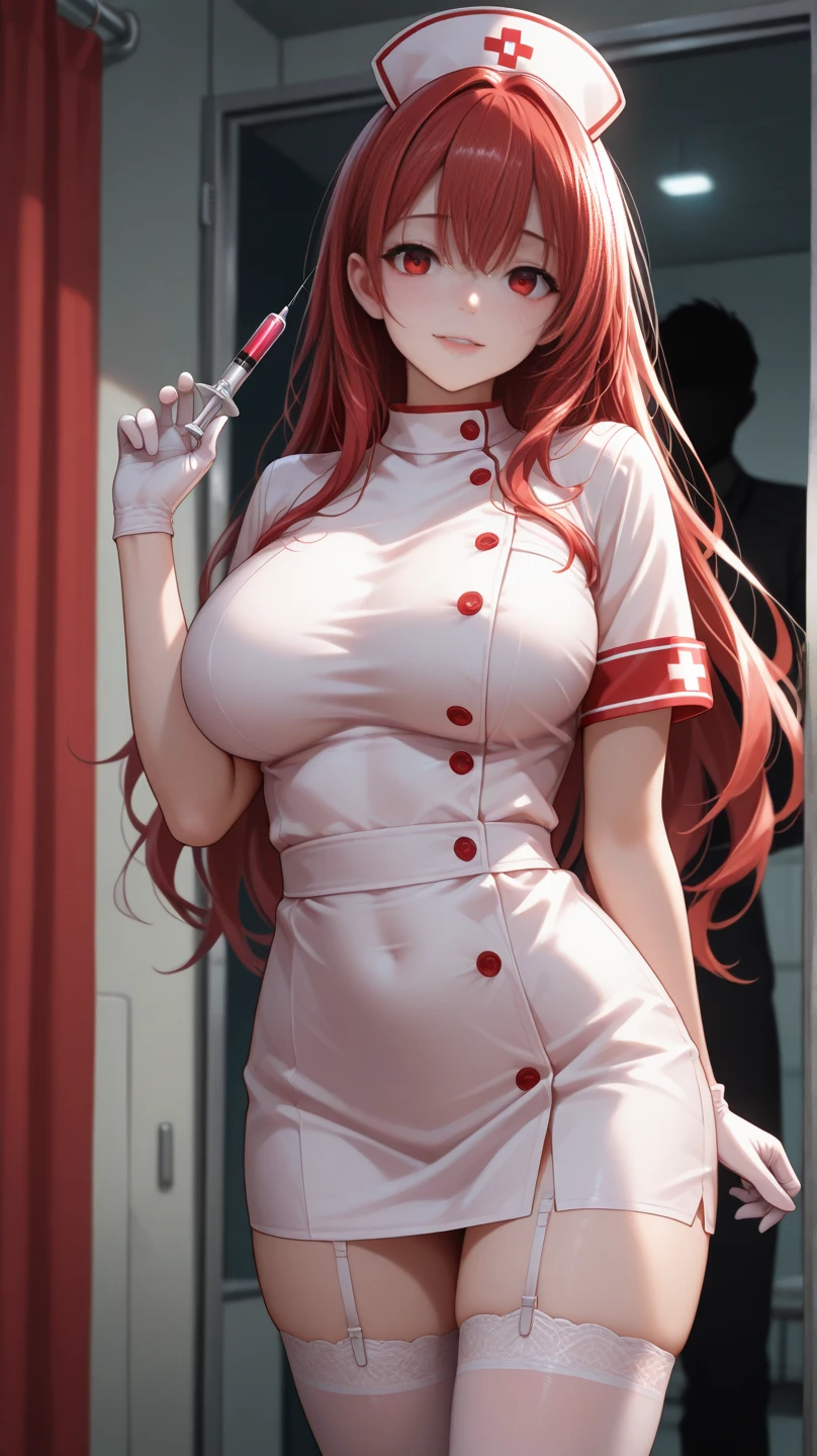 hospital, latex nurse suit,nurse,busty,gloves,labcoat,ginger hair woman, black eyes , gigantic boobs ,medical instruments,asian nurse,two nurses,speculum,examination room,oversize boobs,mask ,big ass ,strap on