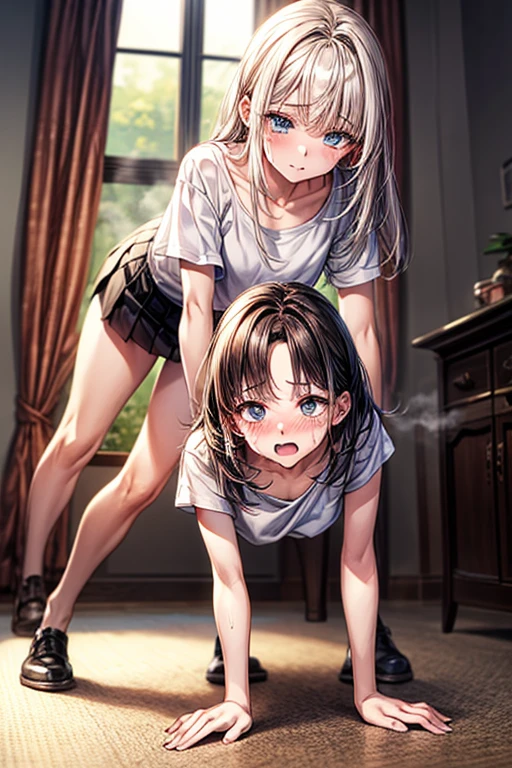 2 girls, one is wearing a crop top and short shorts and the other is wearing a black tank top and a short messy skirt, one of them is bending over and touching the floor as the other girl is grabbing her waist from behind, they are oiled up and wet, they are hard, they are cumming a little,