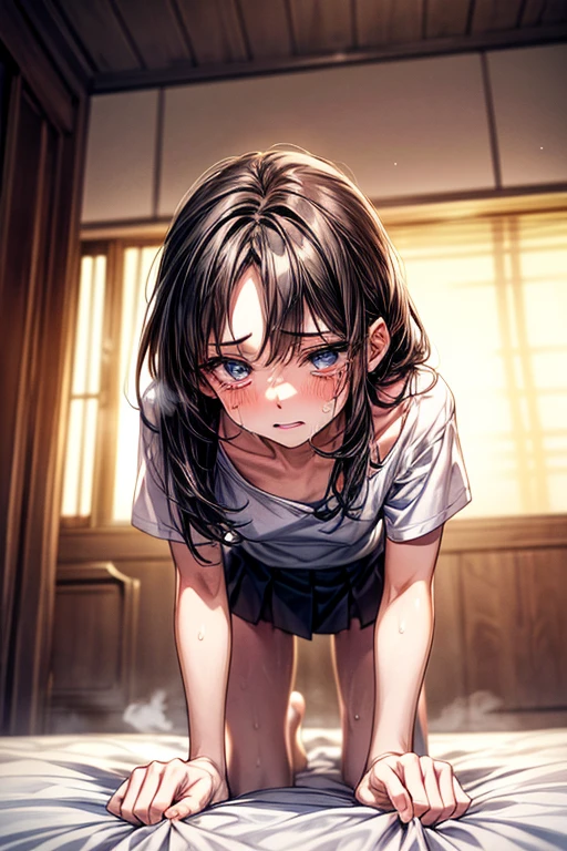 (((Browsing Caution, Close Up Facial , Front view , From below , Movie angle))) ,(On all fours), break 1girl, 20-year-old, (close your eyes),(((Embarrassing, Excited, Fascinating, In the heat, orgasm,Blushing,shortness of breath, Very humid,vapor、Man grabbing woman's breasts))) , break (((Bright pink and green hair))),(Semi-long hair tied in one piece、Add a light pink ribbon to the end.:1.3),(((Two-part bangs , middle part, Bangs parted in the middle, Side-swept bangs))), (amount:1.3), (Small breasts:1.0) ,((Sweaty skin, Dripping , girl trembling with Sexual climax, Cum in pussy, pubic hair)) ,Thin dots, feminine, Slightly muscular, Dynamic pose,((((vagina,Sex, A boy and his penis,Heterolo, Women in front and men in back , dorsal position, Cum in pussy, pubic hair)))), break, (((White - Solid - Short Sleeve - Safari Shirt ,Bottomless))), break, (((Midnight,On the bed))),(masterpiece), (Realistic), (Highest quality), (Super detailed), wonderful, ((A face with attention to detail)) , clavicle, High resolution , (Super detailed), Smooth, 16K, Vibrant colors,vagina,Sex,