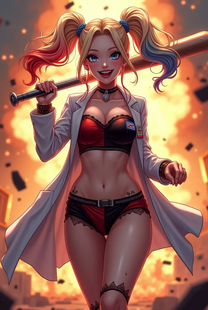 (((COMIC STYLE, CARTOON ART))).  A comic-style image of (((Harley Quinn))), with her as the central figure. She is standing with her hands on her hips, looking straight ahead with determination. She wears a red and black costume, with a white and black mask. She has short, straight blonde hair, blue eyes and red lips.  (((hot body, sexy, sensual, camel toes))) She is surrounded by a night city, with skyscrapers, bridges and lights. She has a determined and confident expression, as if she is ready to fight crime.
