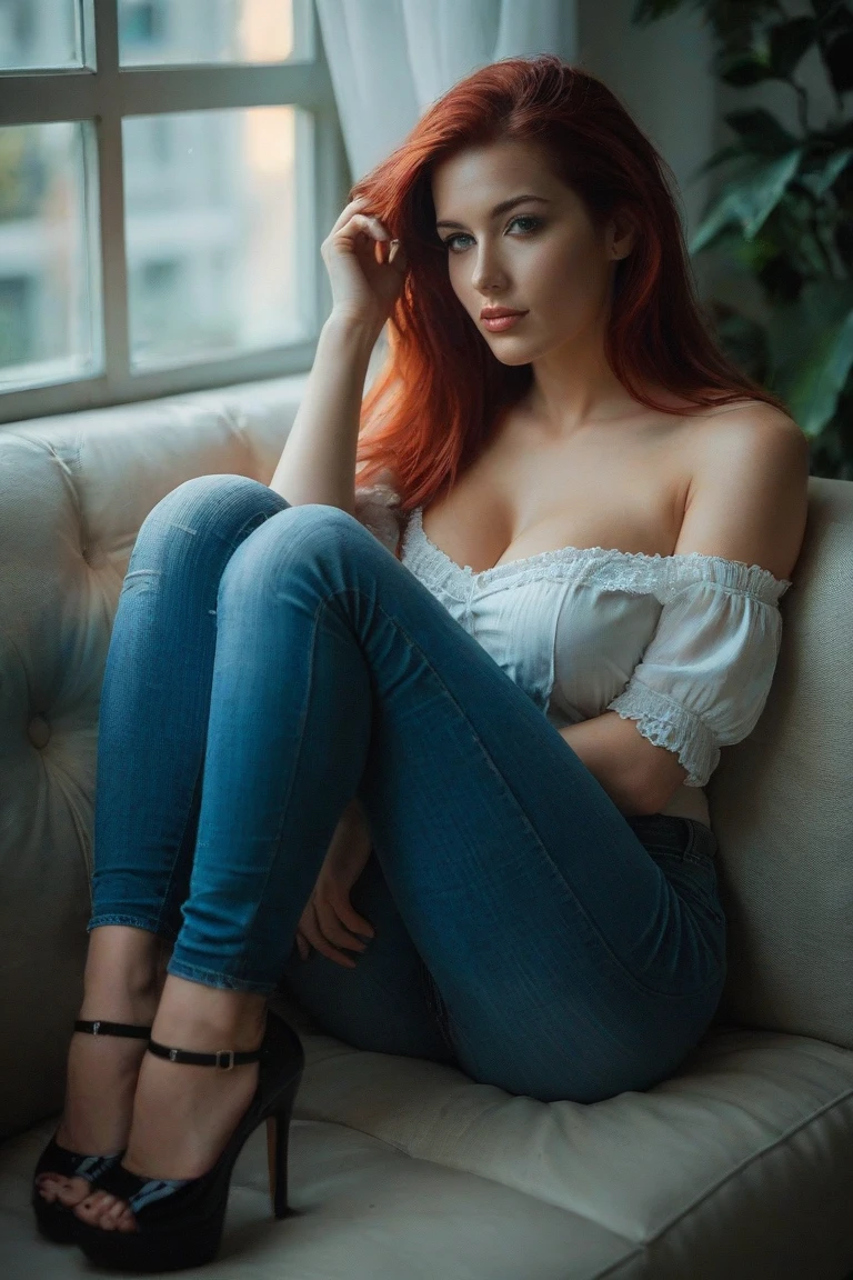 Canadian woman, 20 years old, Redhead hair side hairstyle, very Big bust, posing from side in photo in full body, Very open and sleeveless blue strapless shirt, short tight jeans shorts, black pantyhose, high heels, in front of a mirror sitting on a chair with legs crossed, detailed face