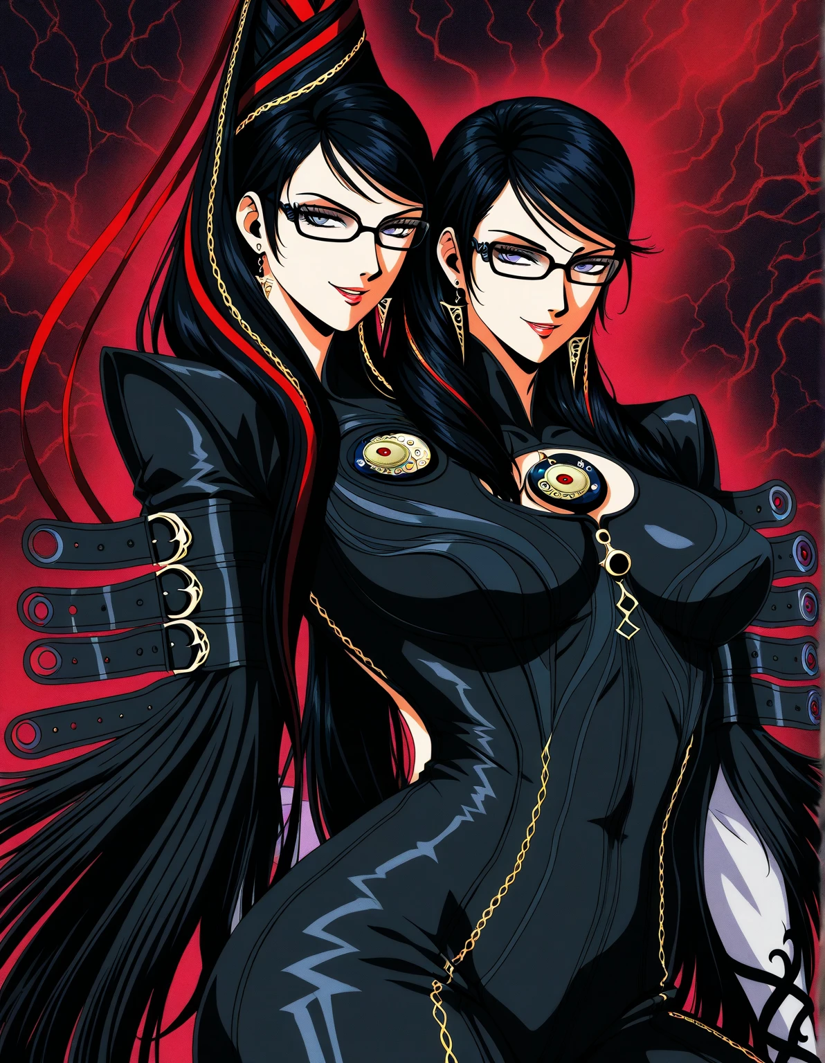 A 34-years-old villain scientist woman with black hair tied in a ponytail and a skinny. There is a scar on the right side of her face. She wears goggles with bright red lenses. She wears a black leather gown and black leather gloves. Under the shirt is a long-sleeved gray shirt and black straight-legged pants. She has hawk-like eyes.