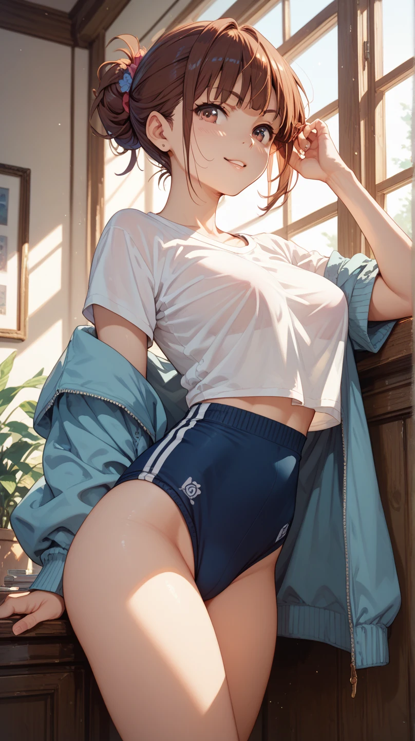 ((Medium Shot)), beautiful girl, skinny, boyish, very short hair, brown hair, (wear a white long-sleeved T-shirt), (white bikini panties) , Perfect hands, Perfect body, put her feet on the table., (bare foot), ((looking away)), ((Exquisite detail)), Very finely crafted fingers(((10 fingers))), , (Full-body showcase), (Show your whole body), (No logos on background), (No logo), (taken from below),