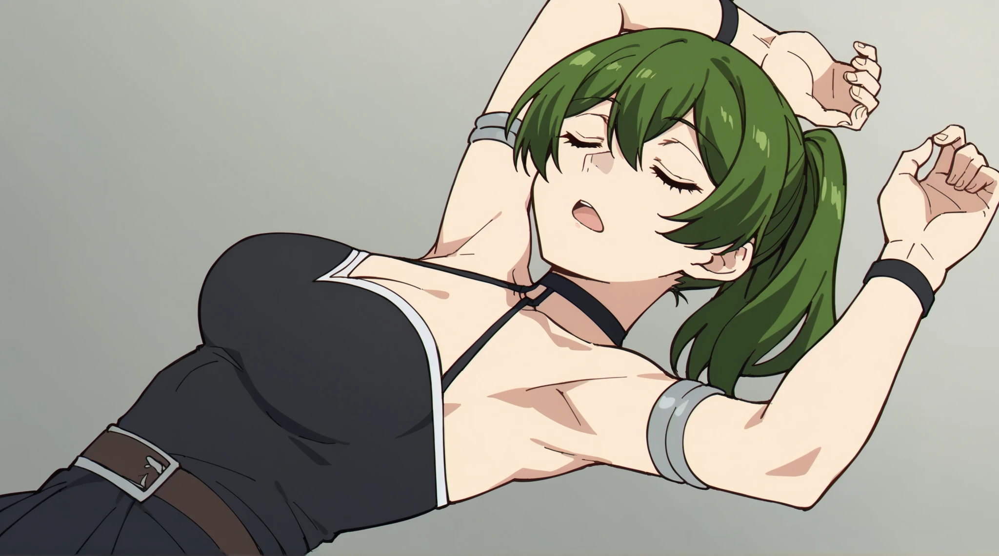 score_9, score_8_up, score_7_up, source_anime, anime screencap, 1girl, solo, UbelSSnF, green hair, side ponytail, purple eyes, black dress, halterneck, sleeveless, short dress, armlet, arm strap, badhandv4, Raise arms straight up over head, armpit, head towards viewer, eyes closed, from side, from below, hurt face, closed eyes, half open mouth, Large Breast, Lie on the floor, simple background, armpit cutout, exposed armpit, faint, she lay unconscious, mouth slightly open