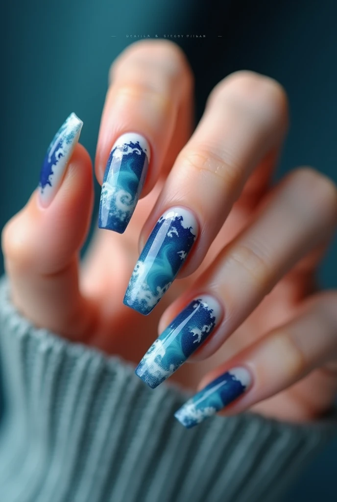 Nails inspired by the electro and hydro slimes from genshin impact, that have relief
