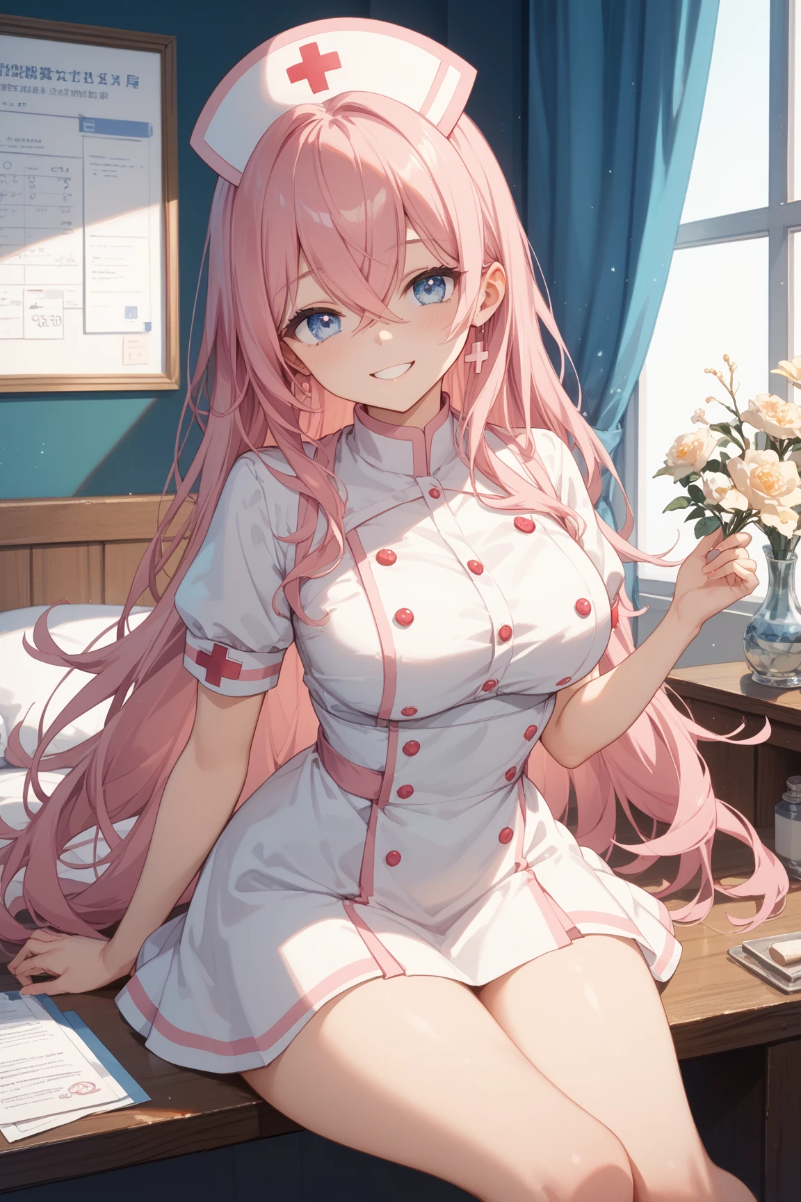 Fluffy nurse uniform、nurse、Pitch dark hotel bedroom、Chuckle、Lightly open your mouth、Evil female executive、adult、Married Woman、Kneel