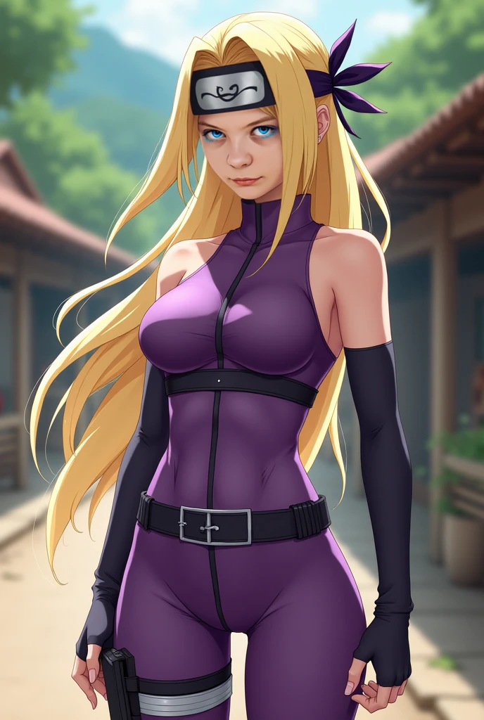 The character:{Ino} from the anime (Naruto Shippuden), long blonde hair tied up, beautiful blue eyes, big breasts, sensual, purple colored outfit, super realistic, well detailed face without distortions, epic image in best possible resolution, 8k, very realistic, depth of field, a work of art, portrait style