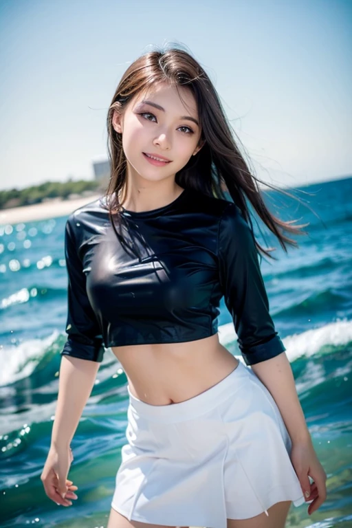 （Original photo of 8K，best qualtiy，tmasterpiece：1.2），（Medium view），the night，Night on a yacht，Sea and night view in the background，best qualtiy，tmasterpiece，（Small mouth：1.2），short- sleeved，short- sleeved，short- sleeved，short- sleeved，an extremely delicate and beautiful one，，astounding，finely detailled，tmasterpiece，Best quality at best，（age 22：1.2），Narrow waist，Slim，is shy，Pure，adolable，Bushy hair，Soft hair，big breasts beautiful，A detailed eye，（long whitr hair：1.2）