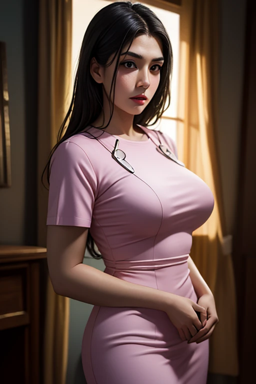 Pornographic Images,Cinematic scene,Fantasy Art,Highest image quality,hyperrealistic portrait,(8K),Ultra-realistic,Best Quality,High quality,High Definition,high quality texture,high detailing,Beautiful detailed,fine detailed,extremely details CG,Detailed texture,realistic representation of face,masutepiece,presence,Dynamic,Bold,1gir,(ideal ratio body proportions:1.5),Ultra detailed skin,Curve,,Beautiful breasts,Large breasts,pale skin,pointed breast,Erect nipples,(Thin hair),(Soft hair),(ultra straight hair),Swept long bangs,very light coppery amber hair,Hair over one eye,(pink nurse uniform:1.3),(gravure pose:1.5),(hospitals、Hospital Room、Patient bed:1.5)