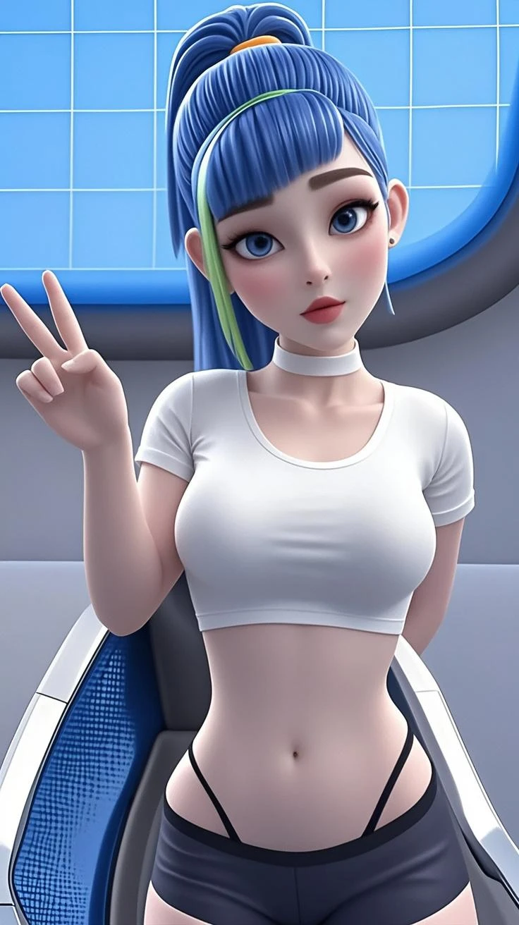 jenny wakeman sexy cyberpunk robot, relaxing in her room, hologram screens all around, blue tank top, blue skirt, all chrome background,