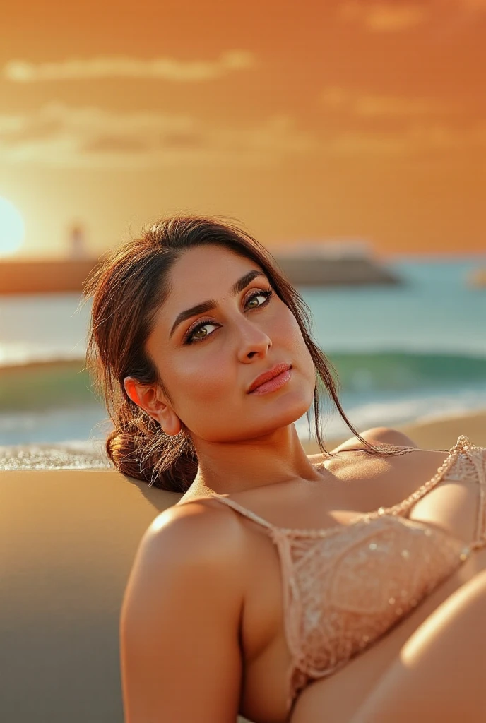 Hires photo of Kareena Kapoor, red lips, slim, cute face,  wearing a  dress ,cleavage, navel, seated with her legs crossed, leaning back on her hands, and arching her back slightly.uncensored, Beach party: A lively gatherings, tiki torches, and ocean waves (cinematic:1.3), intricate details, (ArtStation:1.2), high resolution ,4K