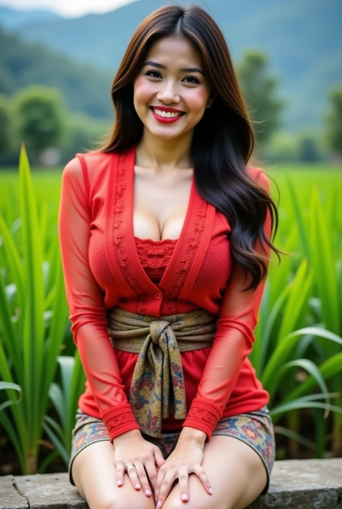 A malay girl, (puffed breasts, medium breast , ample cleavage, braless, bright skins), creative blending, an award-winning masterpiece character concept art of solo, intricate, sun-tanned lighting, highly detailed, hyper realistic, RAW photography, masterpiece, a photorealistic masterpiece of an adorable woman wearing traditional Indonesian pore kebaya attire, (batik saroong mini skirt) , black long hair, rice fields background and bokeh effect. Ensure the image quality is 8K with ultra-realistic details.
