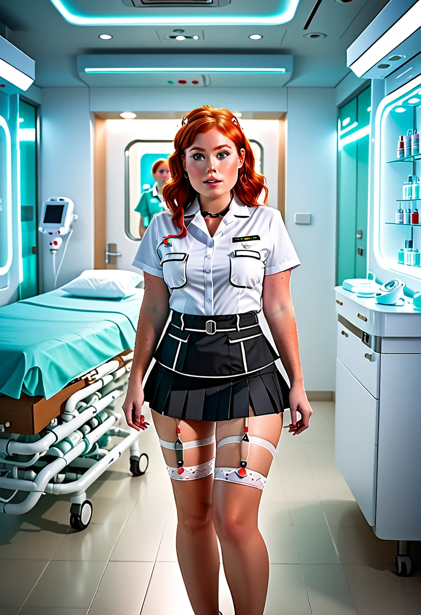 (best quality,8k,hdr,highres,masterpiece:1.2),ultra-detailed,realistic,photorealistic:1.37,portrait, Betty Page look alike wearing a white lab coat with an ID badge on it, red heeled shoes, red form fitting gloves. Her make up is in pinup fashion, rockabilly bangs hair style, being chased down a hospital hallway with staff and patients who are now zombies chasing her.
