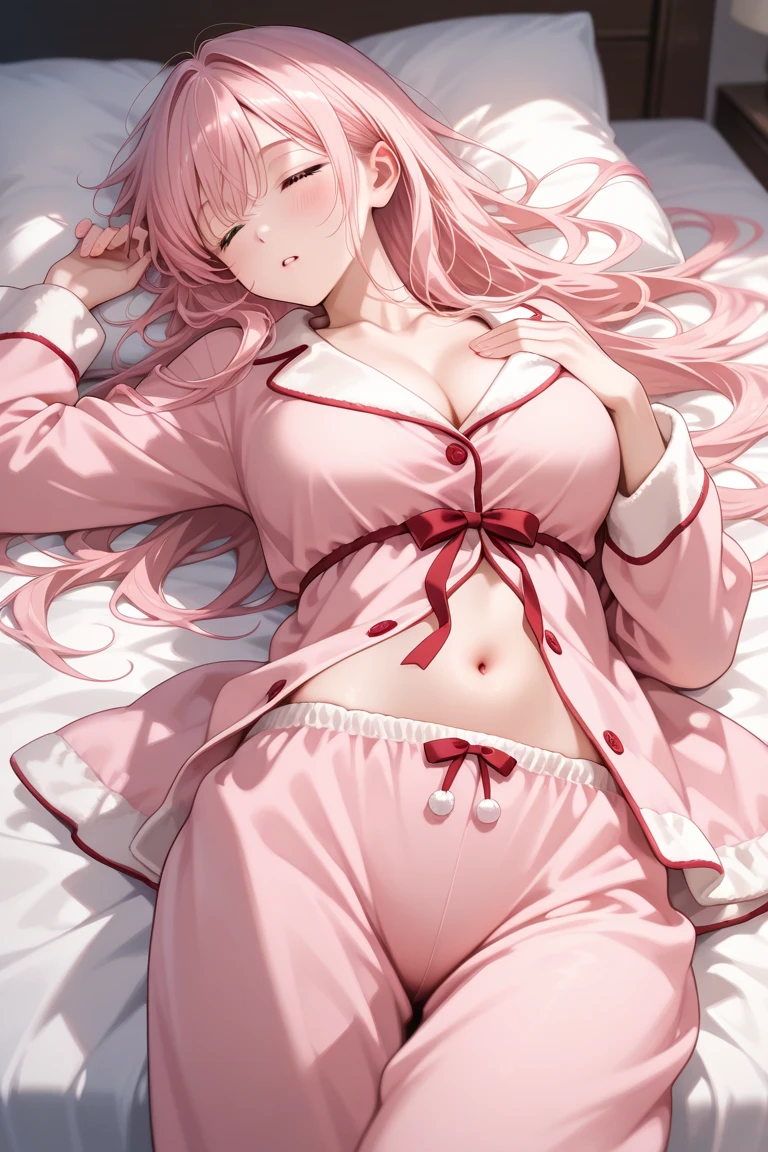 the night,darkly,A 15-year-old Japanese woman,Lie down in bed,Z-chest,Long pink hair reaches the feet,big pink eyes,Light pink cheongsam,White wet shirt,white stockings,Pink panties exposed,Whitening skin,Show your toes