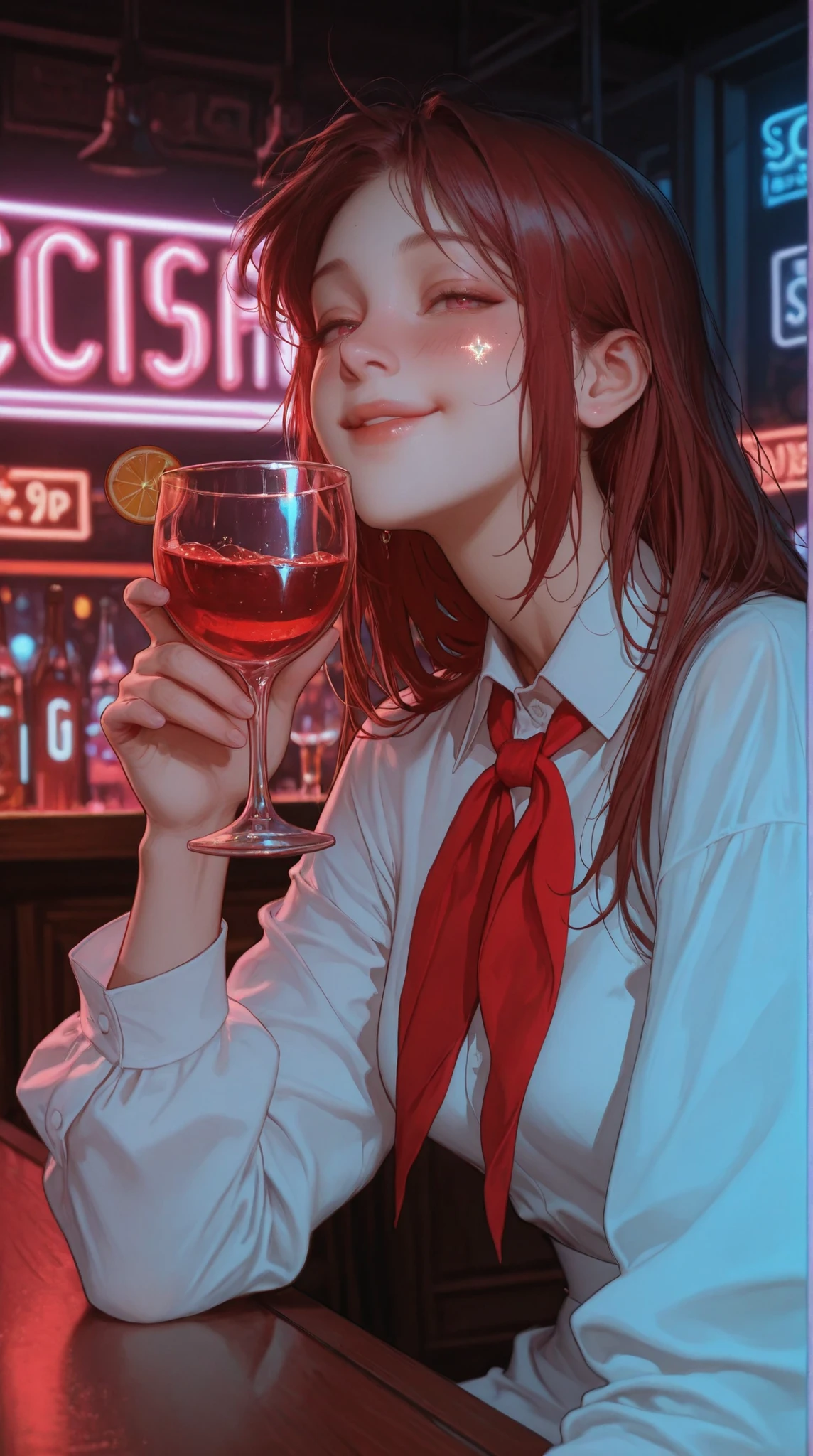 USSR Pioneer,red neckerchief,white shirt,collared shirt,melenamariarya,ruanyi1098,bar , neon lights, score_9, score_8_up, score_7_up, 1girl, neon light reflections on skin, neon lights background, low light, bar, drinking, tall classy glass, blue and greeen florescent liquid, depth of field, highly detailed, high contrast, film grain, Rim Lighting, long Exposure, light dress, drunk smile, drunk girl