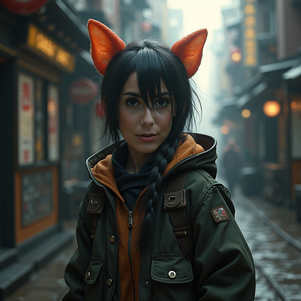 A "portaisAI" creature posing for the camera, two extra eyes, getting out of a car, face up, realistic everyday photo, has two pairs of eyes, lights with dark shades of purple, straight black hair, style reflection, hairstyle, amazing haircut, high definition, perfect anatomy, absurd resolution, height resolution, 1.4,