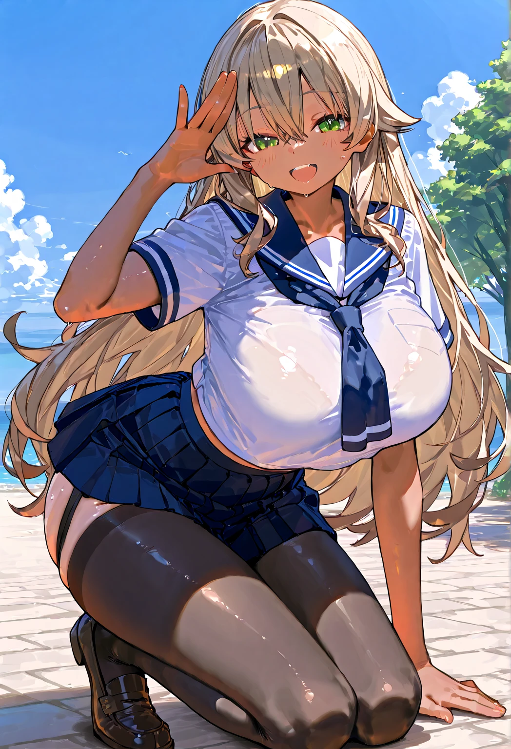 saiminseishidousoushuuhen,thick thighs, large breasts, woman,beach, tattoo,(netorare),earrings,LONG hair, Parted bangs, arrogant, ,blue eyes,blonde hair,school uniform, cameltoe,