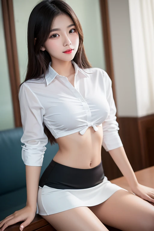 RAW, masterpiece, best quality, extremely detailed, 8k, HDR, photorealistic, intricate, A skinny Asian girl, she has an extremely slim body with narrow and small hips, long straight hair, wearing a short sleeves office shirt and white panties, smile, pose outdoors