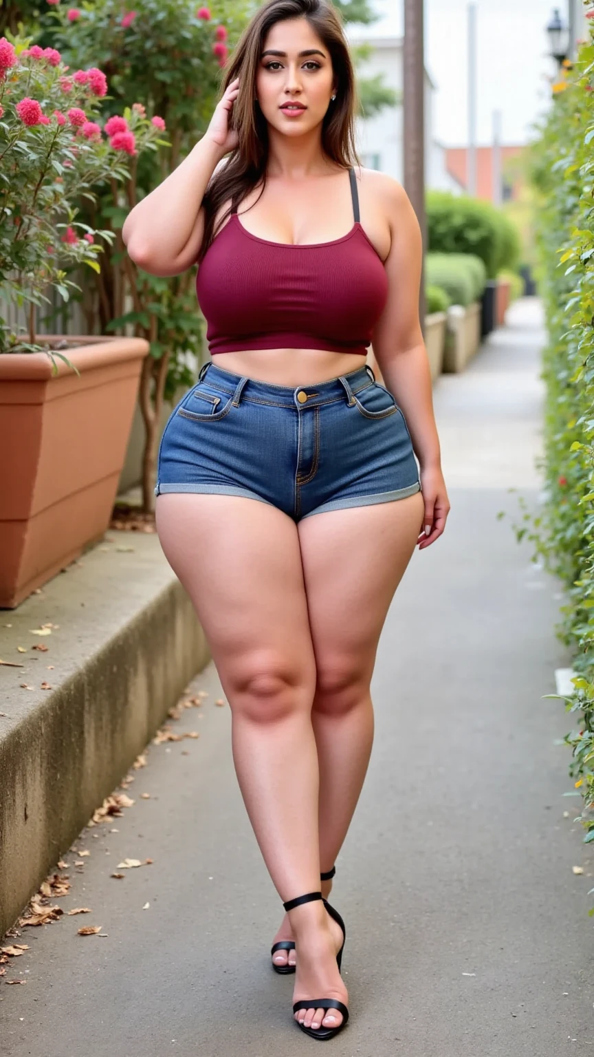 (full body shot) of A beautiful woman with long shiny black hair, choppy bangs, a delicate face, a cold proud gaze, (thick body:1.4), (thick arms:1.5), (thick legs:1.5) a fantasy-style black latex swimsuit, sleeveless, exposes her waist, (denim shorts), (no shoes)