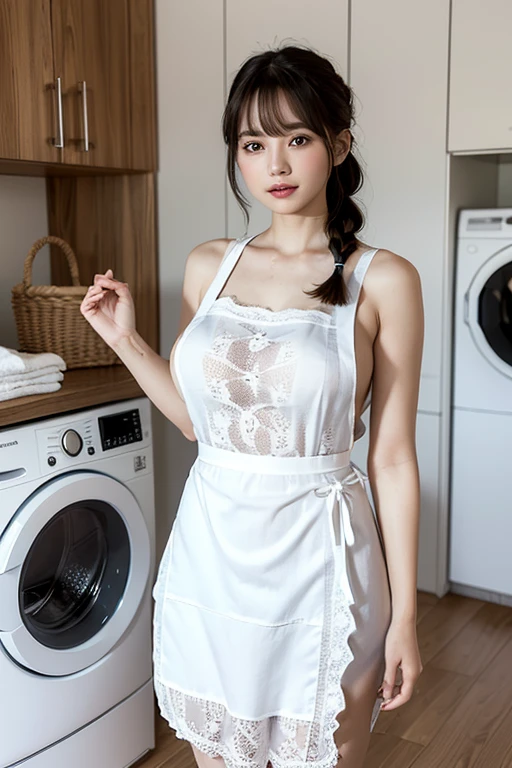 ((top-quality、8K、masterpiece:1.3))、foco nítido:1.2、(realisitic、Photorealsitic:1.37)、((A smile))、Feet to the viewer、Feet in front of the audience、knee high socks、Beautiful Face Woman、32years old、pointed chest、NSFW、long eyeslashes、Colorcon、Big 、delicated、Very detailed eyes、Highly detailed eyebrows、(Sharp Eyebrows)、(Thin eyebrows)、very vey very detailed face、((Brunette short disheveled hair)),Erect ,Clothed、thong、((( Upper body naked)))、(((Lower body naked)))、frombelow、Laundry room、Detailed background(8K、masterpiece、top-quality、Raw foto) 、((NAKED Apron)),((Very short skirt in white)),(((Hang the laundry to dry))),Long legs