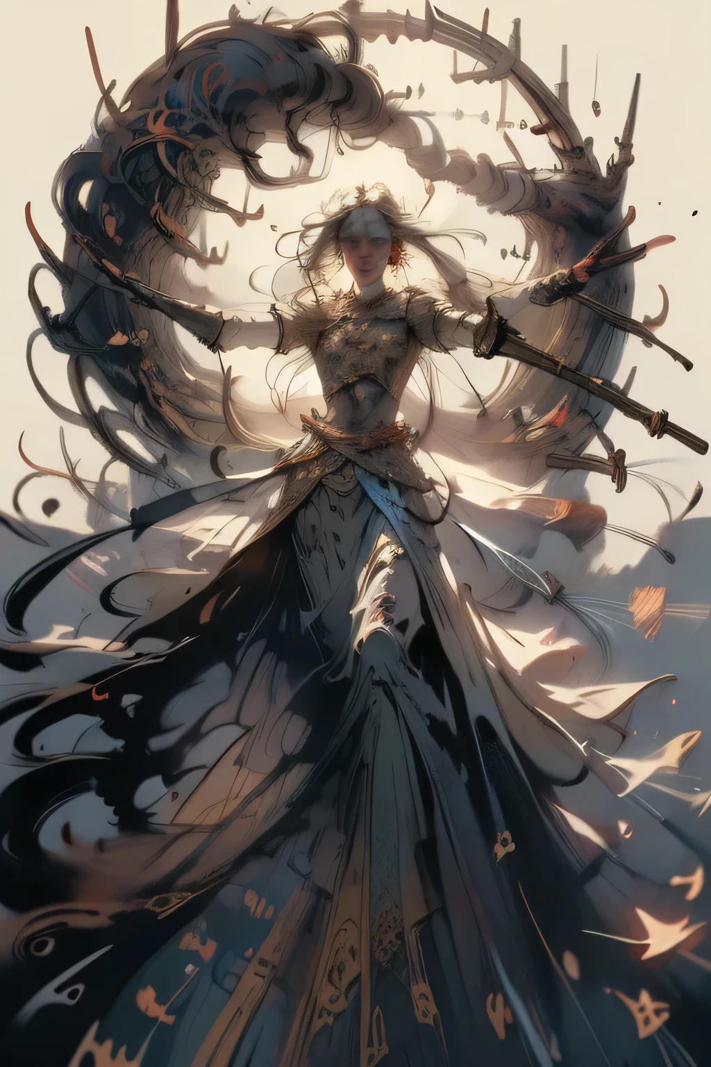 (((masutepiece, of the highest quality, super detailed))), hand drawn style, sketch, limited pallette, white background, plain background, an ethereal female, grace, power, presence, seven swords swung from reams of braided hair, cosmic horror, grim dark