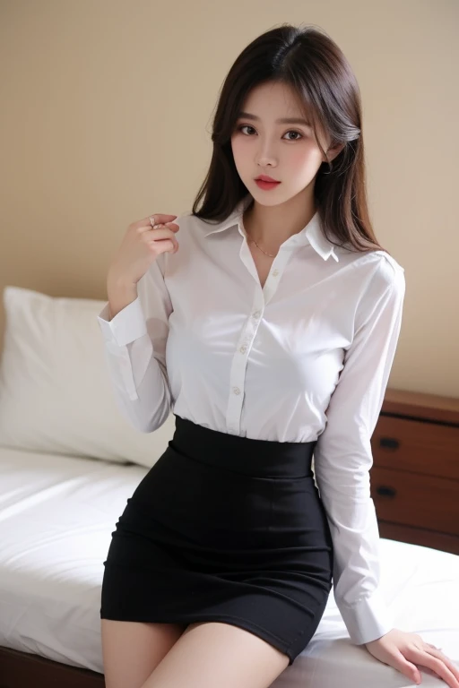 highest quality, Full body portrait, ((Thin pantyhose:1.3)), ((White sheer blouse:1.3))、((mini skirt))、Delicate face, Height: 160cm, Pretty face, 25-year-old woman, Slim figure, Large Breasts, OL Uniform, Office Clothes, Outdoor Scene, Seating position