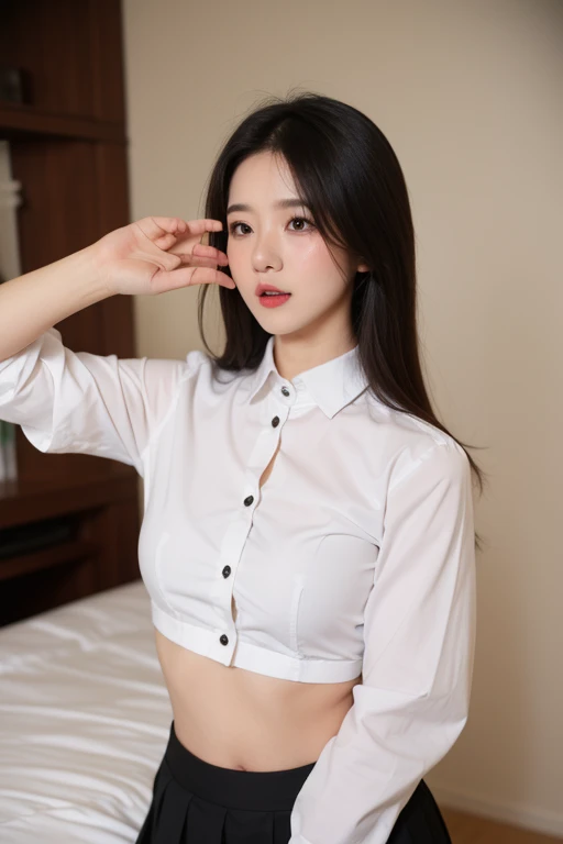 Woman with beautiful face、Shirt with white collar、skirt by the、bending forward、Glossy live-action、Outstanding smile、(in 8K) , master piece, (No retouching, Lip gloss, False eyelashes, Real Skin, of the highest quality, 超A high resolution, depth of fields, chromatic abberation, Caustics, Wide Lighting, Natural Shading))Korean Idols、Live action、Sauce order、Japanese Models, Shot with Canon EOA 6 D Mark II, taken with canon eos 5 d mark iv, Young Gravure Idol,