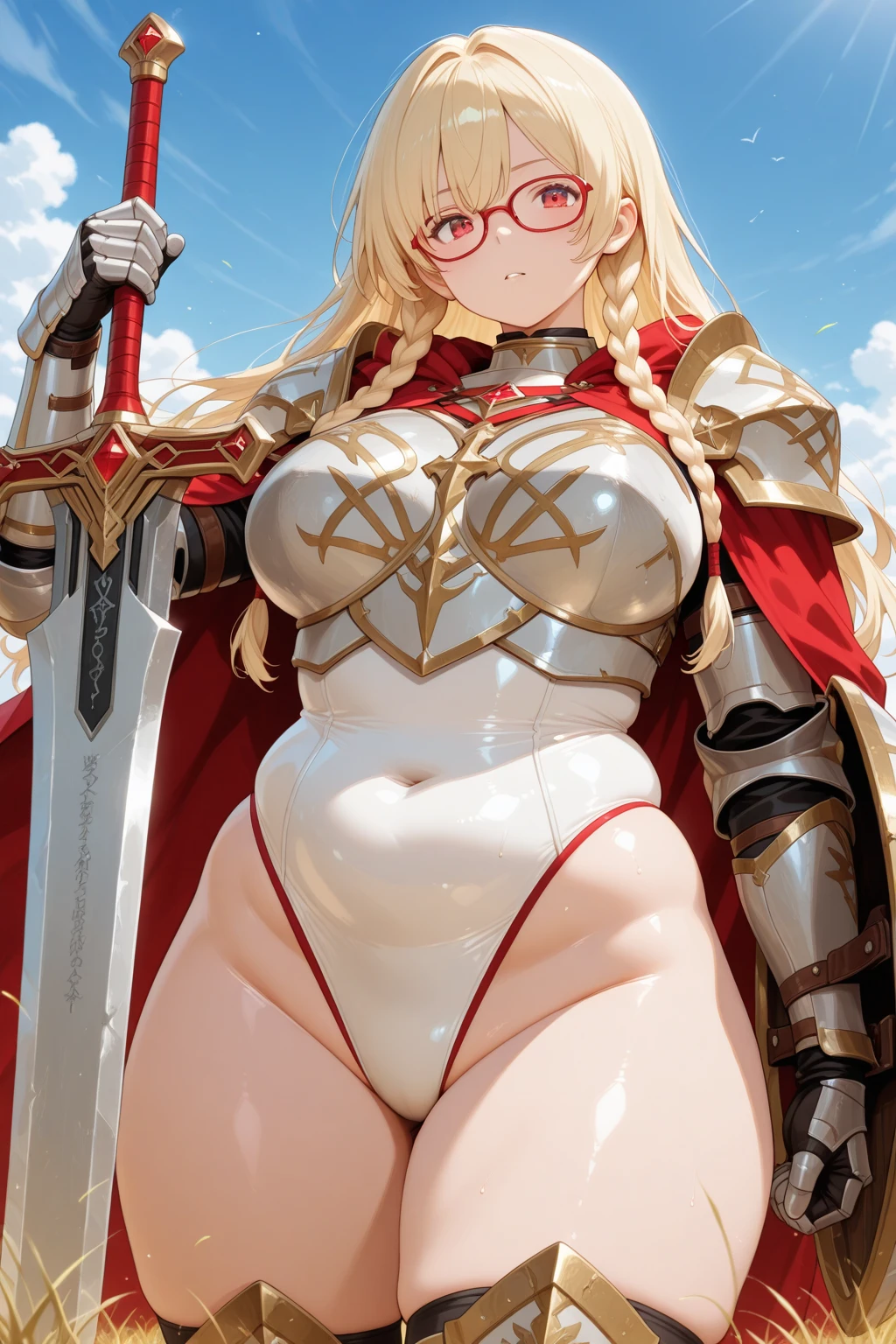 best quality,1girl,((((10 years old:1.3)))))),((big breasts:1.3)),curvy,orgasm,blush, sweat,blue eyes,blonde hair,((long hair:1.3)),straight hair,((waist-cape armor,white shirt,red skirt:1.3)),mini skirt,fantasy,((lift skirt,upskirt,lace panties,white panties:1.1)),kneehighs,forest