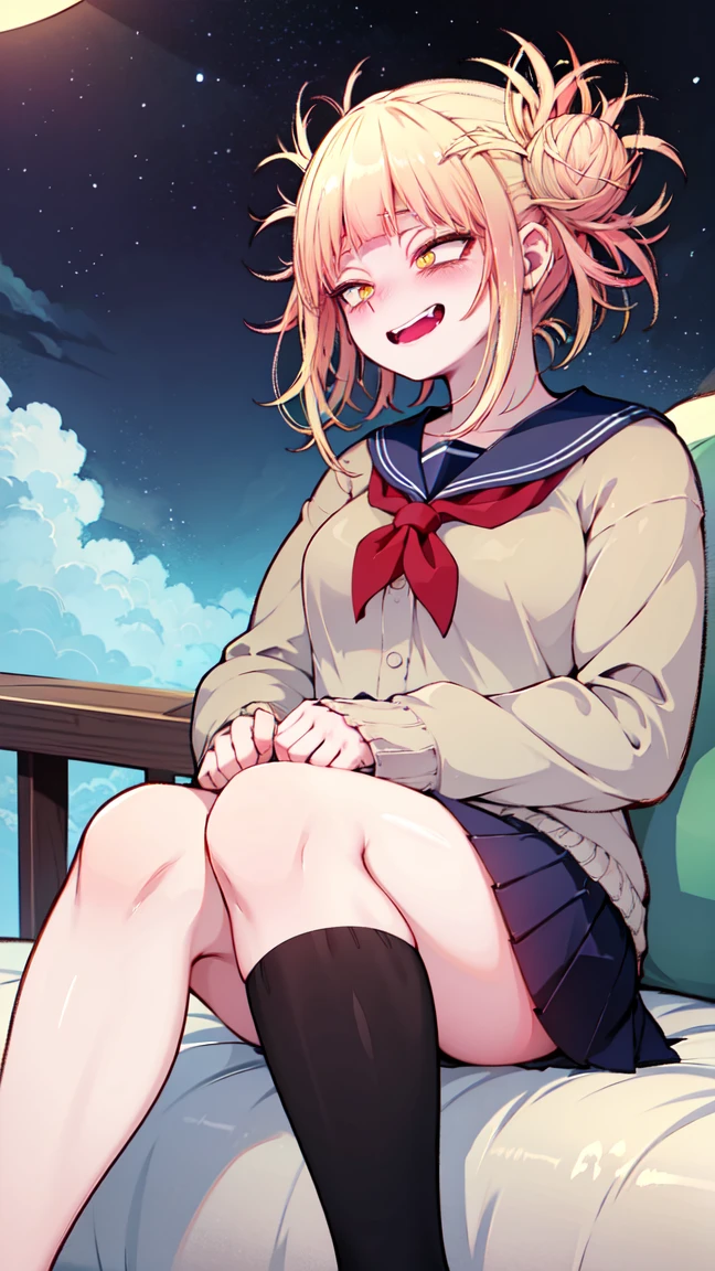 Masterpiece, best quality, (1girl), toga himiko, yellow eyes, super detailed, ((huge breasts)), arms up, looking at viewer, blonde hair, crazy smile, wide hips, open mouth, furry, cute face, fully naked, full body view, sweating, thighs, beach, outdoors, armpits, ocean, blue sky, breasts outside clothings, ((panties)),