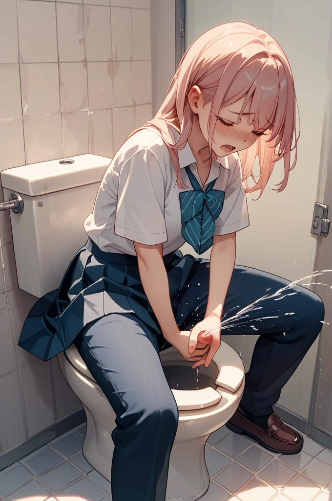 ((Best quality)), ((masterpiece)), (detailed), perfect face, full length in a pink skirt, and kneeling on the ground in pink and black striped thigh-high socks, eyes averted, hands away from mouth, and an open face, covered with sperm, while sucking dick through a glory hole in a toilet stall, skirt lifted, Thongs are visible