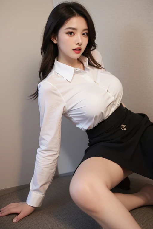 beautiful girl,black hair,big breasts,Wear a white student uniform,black short skirt,Wear short black stockings.,sexy post,On the table in the office.