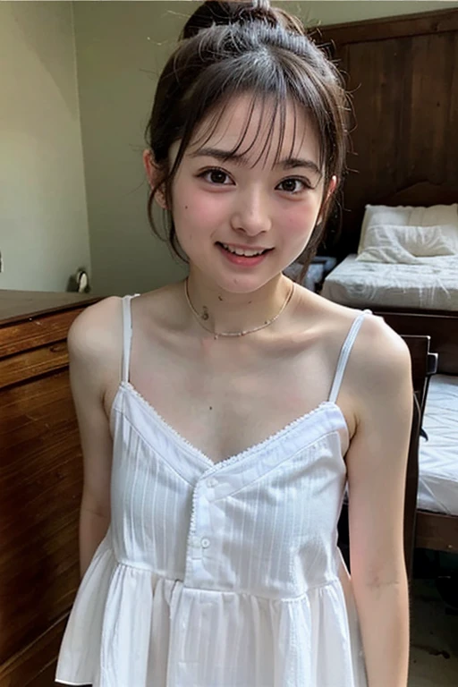 8k、High resolution、Maid Fashion、beautiful girl、Slender body、young、White skin,、Narrow eyes,High nose,Face lighting、Clear images、Intellectual beauty、skinny、No makeup、smile、Face lighting,Shiny Hair、single eyelid,Cute pose,Thin arms,(Flat Chest:0.6),black髪,Braid,,Put your hands up,Thin legs,Knee-high,black,Tiny hips