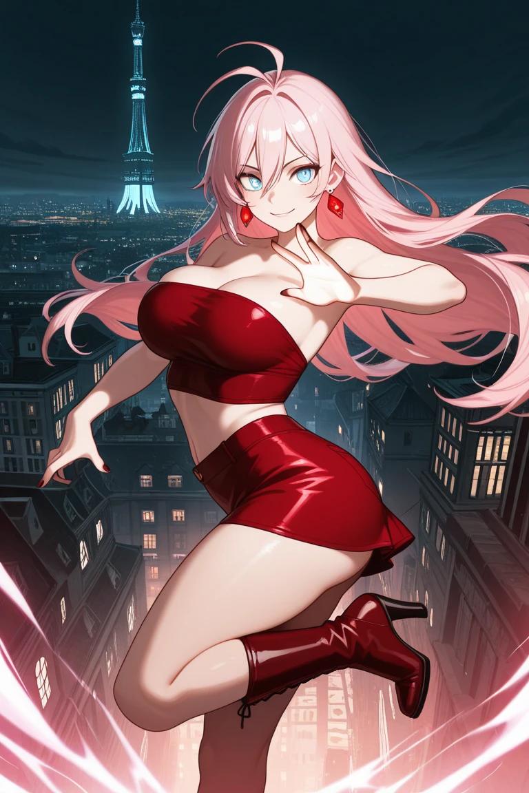 ((masterpiece)), ((best quality)), ((highres)), 1girl, solo, superhero, bare legs, ((matching pink knee boots, matching gloves)), sleeveless, looking at viewer, city backdrop, perfect hands, perfect eyes, perfect legs, perfect arms, perfect fingers, medium breasts, ((pink leotard)), standing, blonde hair, long hair, blue eyes, cute face, hair down, bangs, (cleavage cutout, heart cutout), (white thigh high pantyhose)