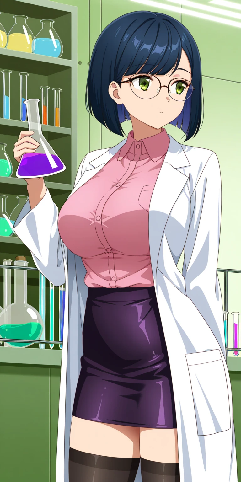 cleavage,  short skirt, standing, violet eyes, seductive, lab coat, corset, scientist lady