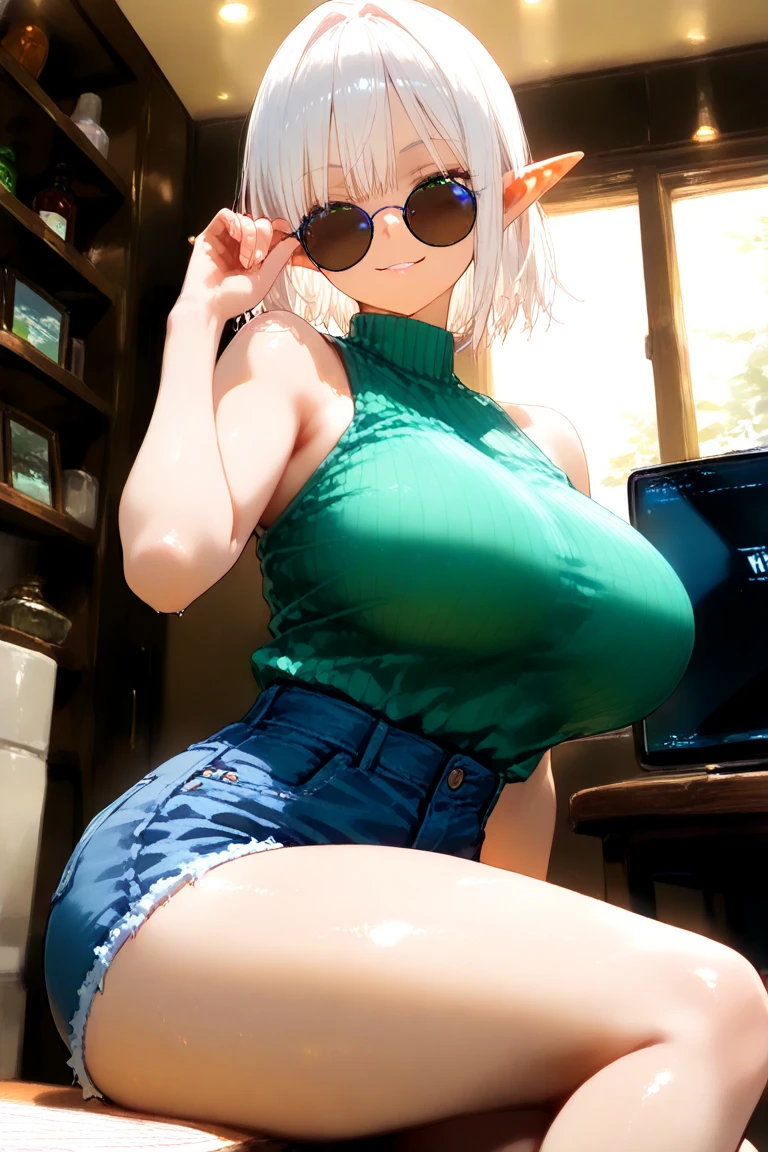 (8k, masterpiece, Best Quality, ultra-detailed, Professional lighting, beautiful detailed faces, bright colors) beautiful chubby mature woman, naked, long white hair tied in a braid, happy smile mouth open tongue out, rolling eyes, wearing glasses, oppai, oppai proportions, golden eyes, whole body visible, tits out, outdoor near a lake, pov, sitting legs spread on grass, open legs spreaded, pussy exposed