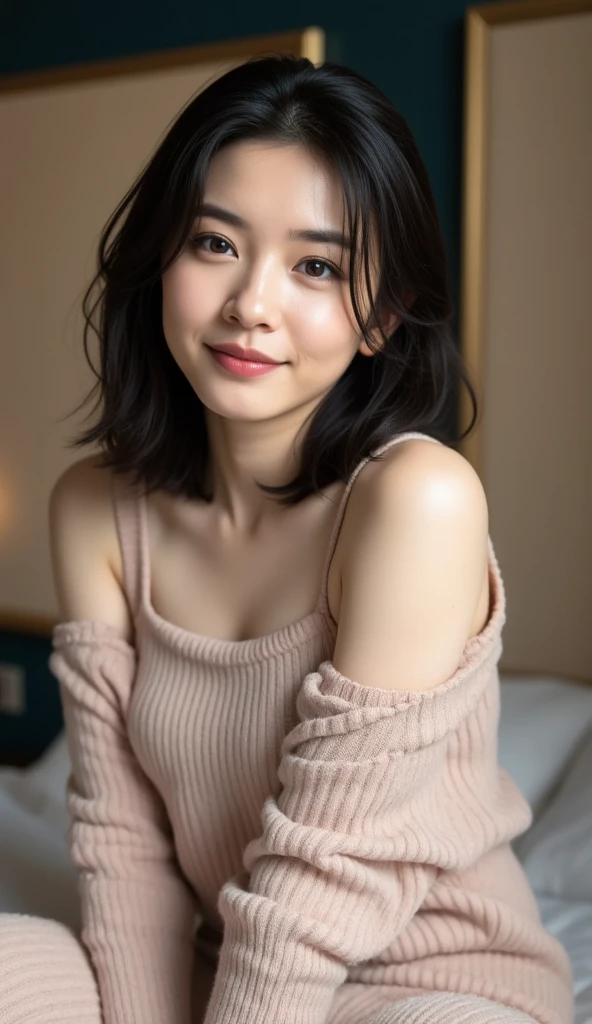 Beatiful japanese naked girl with big tits, trimmed public hair, medium hair, brown eyes, neat and clean, in the adult woman's room with white furniture, selfie