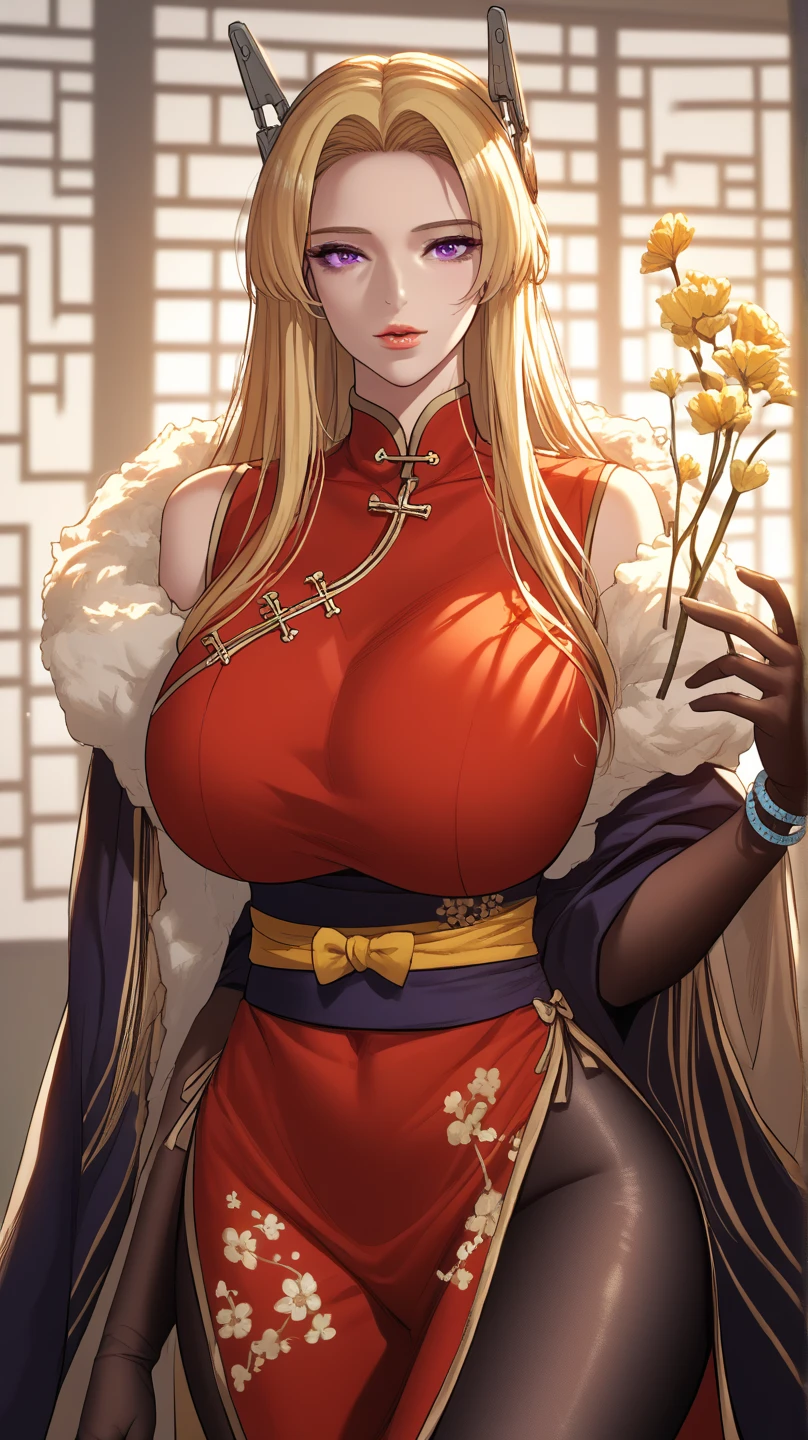 Chinese idol girl Mature Woman Blonde wavy hair with bangs (Bright red rouge lips) Big Breasts Chubby Plump Super big butt ((Rimless glasses)) Big eyes SakuraFubuki ((Gorgeous, super shiny purple long skirt Chinese dress)) ((Knee-high boots)) garter belt 8K Photorealistic ((Cherry tree in full bloom)) (A large amount of falling cherry blossom petals) ((Sunrise at dawn)) ((Sit with your back to the camera)) ((Back view of a person sitting upright)) ((Turn around and make eye contact)) ((Sit with your buttocks sticking out))
