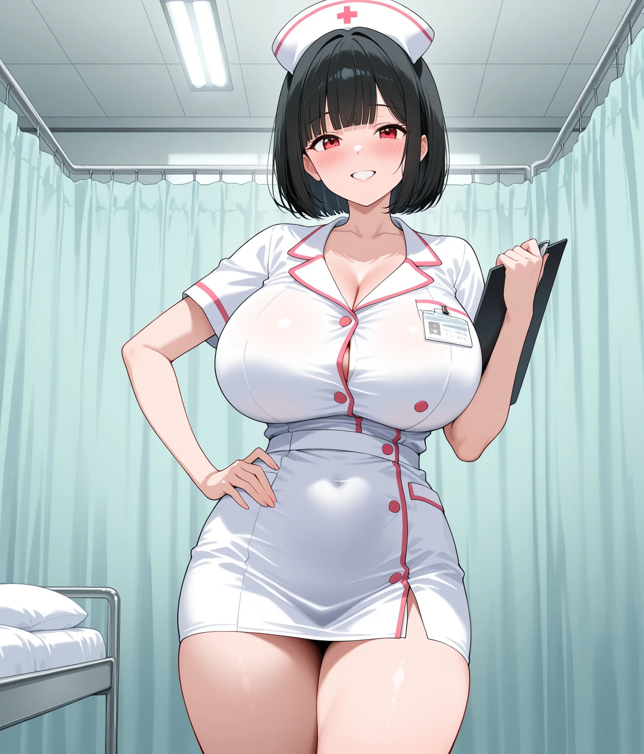 1girl, solo, nurse, nurse cap, white wear, ((white legwear, zettai ryouiki)), white gloves, pink hair, drooping eyes, ((covered nose)), standing, ((hospital room)), sharp outline, short sleeves, best quality, masterpiece,Fleshy,Brown eyes,Black hair,happy,lol,Thick thighs,Close Range,Positive、blush、Absolute area、White underwear、Cleavage、Unbutton your shirt、((Full Body Lesbian))、masterpiece、(highest quality)、Panties around the ankles、Open clothes,咧嘴lol,(((solo))),(((Upper body portrait)))