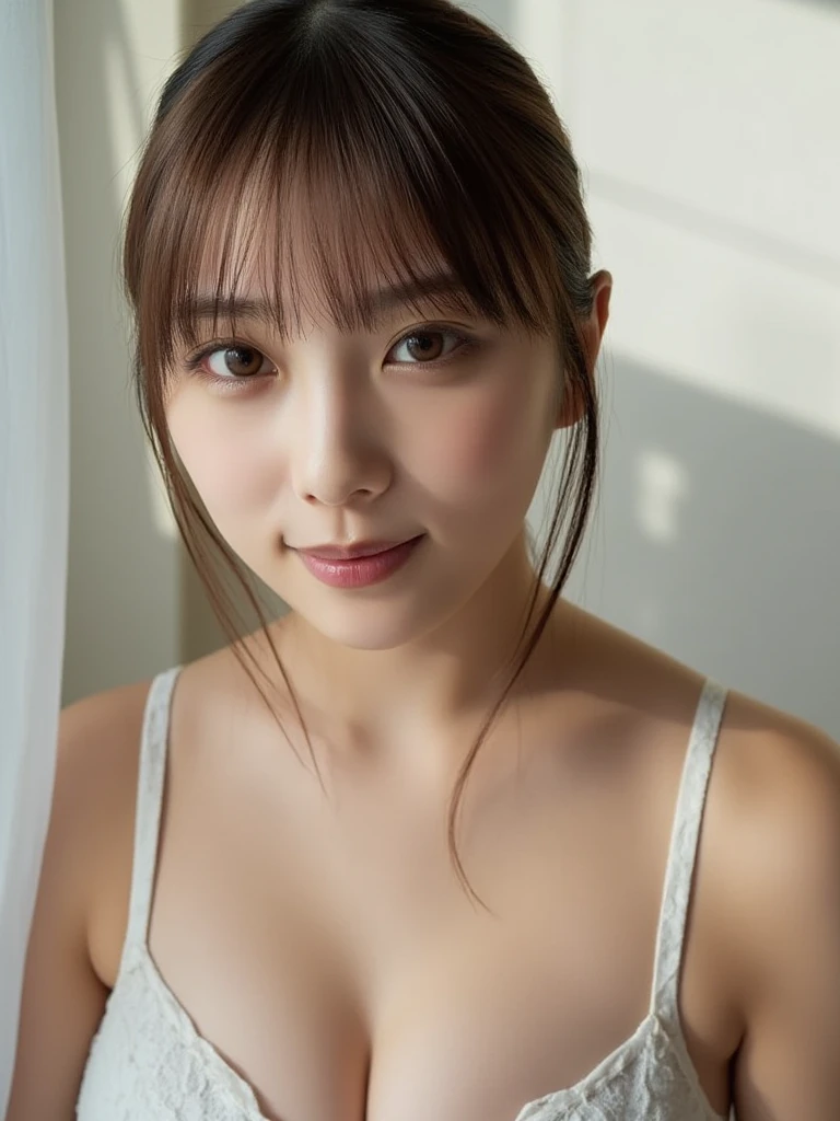 nsfw, (wearing Bra top:1.4), Bra top:pink,(selfie shot:2), (Close Up: chest),(from above:1.5),(flat chest:1.3), Top quality, 1 beautiful Japanese woman, teen,high school student,(18 years old),bob cut, (brown hair:1.2), Ultra-realistic capture, Highly detailed, High resolution 16k close-up of human skin. Skin texture must be natural, With such detail that pores can be finely identified. Skin should look healthy, In a uniform tone. Use natural light and color,