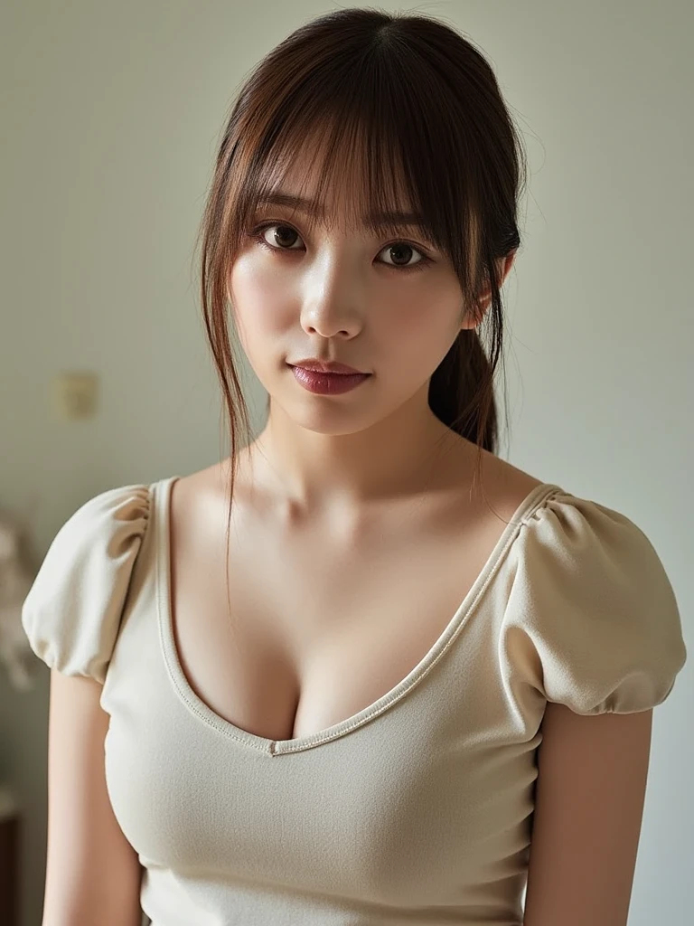 Browsing Caution、Highest quality、8k、No makeup、masterpiece、クリアなphotograph、Ultra-high resolution、Realistic、Professional Lighting、Natural light、photograph、smile、Ultra slim、Delicate body、very cute、The cutest Erina Mano、Idle class、white肌、(Small breasts:1.8、Small breasts、Flat Chest:1.8、Hide your nipples)、whiteTPut on a shirt:1.8、Lean forward:1.6、Her cleavage is visible:1.4