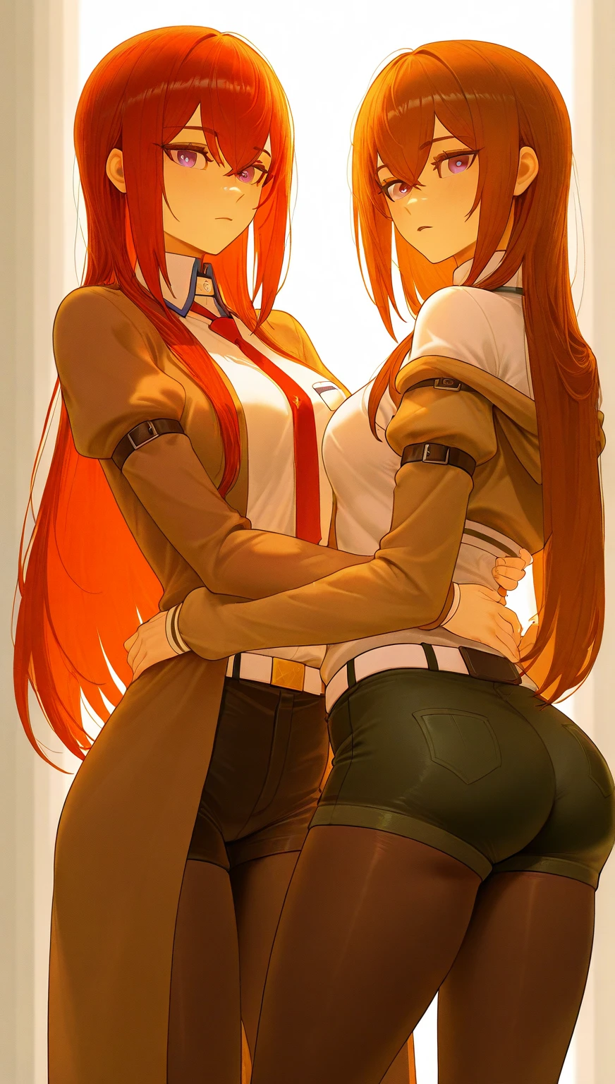 masterpiece、Highest quality、Mayano Top Gun(Uma Musume)、Full body painting、 girl、Ultra-detailed illustrations、Perfect body、Perfect Style、Slender beauty、((tall:1.5))、A cheerful smile、extremely cute and beautiful girl、girl、Poses provoking men、Heavy breathing、Expressions of rutting、Very delicate and beautiful face and eyes、Detailed and sophisticated eyes、Beautiful Eyes、Beautiful Hair、Beautiful orange long hair、Attention to detail in the costumes、alone, 1girl in、Dynamic Angle、Full Shot、Wide Shota Star Piece, Highest quality, ,Tube top、Navel costume、hot pants、Flight jacket、、Knee-high socks、 Long sleeve、Narrow waist、(Emphasized large breasts)、Bust that seems to overflow from the costume、Large firm breasts、Perfect Bust、Glossy bust、Butt sticking out of shorts、Big Ass、Accentuated buttocks、Thin legs、